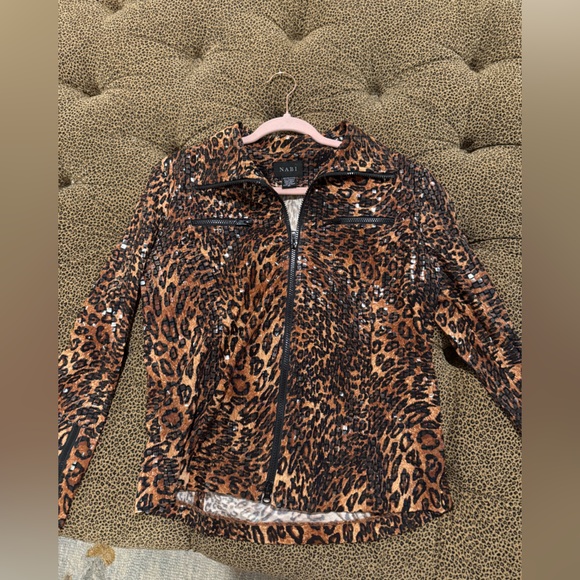 Brown Bomber Jacket with Leopard Print - Picture 1 of 2